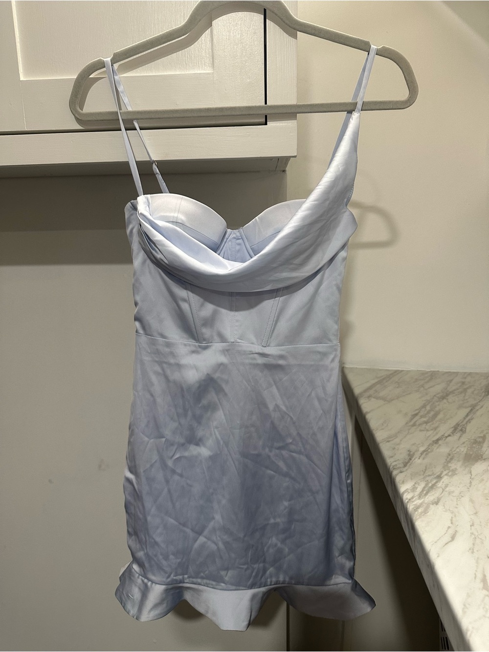 Light Blue Satin Slip Dress with Cowl Neck